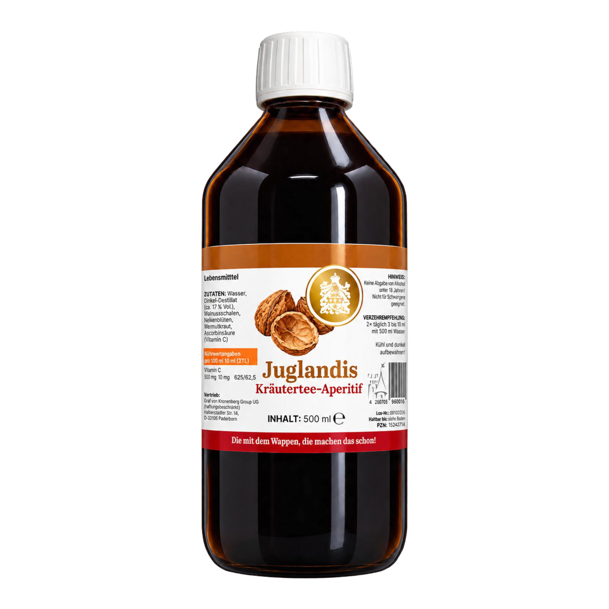 Juglandis Kräutertee-Aperitif von Graf von Kronenberg, 500 ml, mit dunkler Flüssigkeit, Walnussschalen-Etikett und weißem Schraubverschluss.