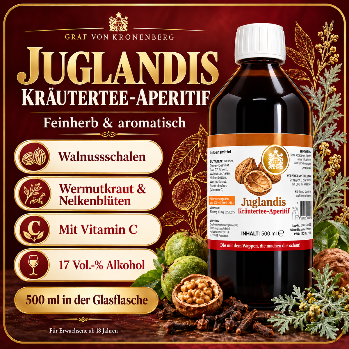 Juglandis Kräutertee-Aperitif mit Walnussschalen, Wermutkraut, Nelkenblüten und Vitamin C; 500 ml, 17 Vol.-% Alkohol.