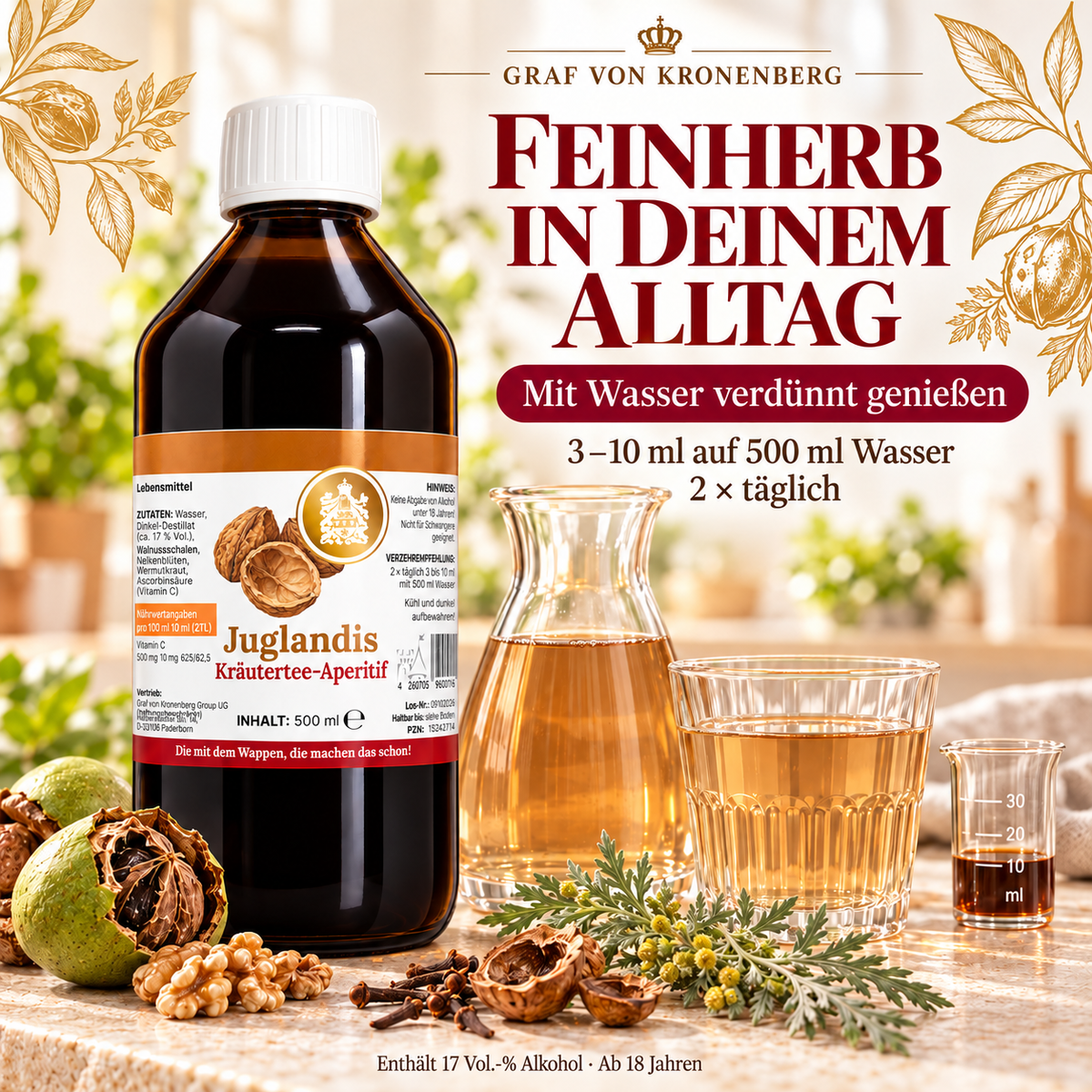 Juglandis neben Karaffe, Glas und Messbecher: 3 bis 10 ml mit 500 ml Wasser mischen, zweimal täglich. Für Erwachsene ab 18 Jahren.