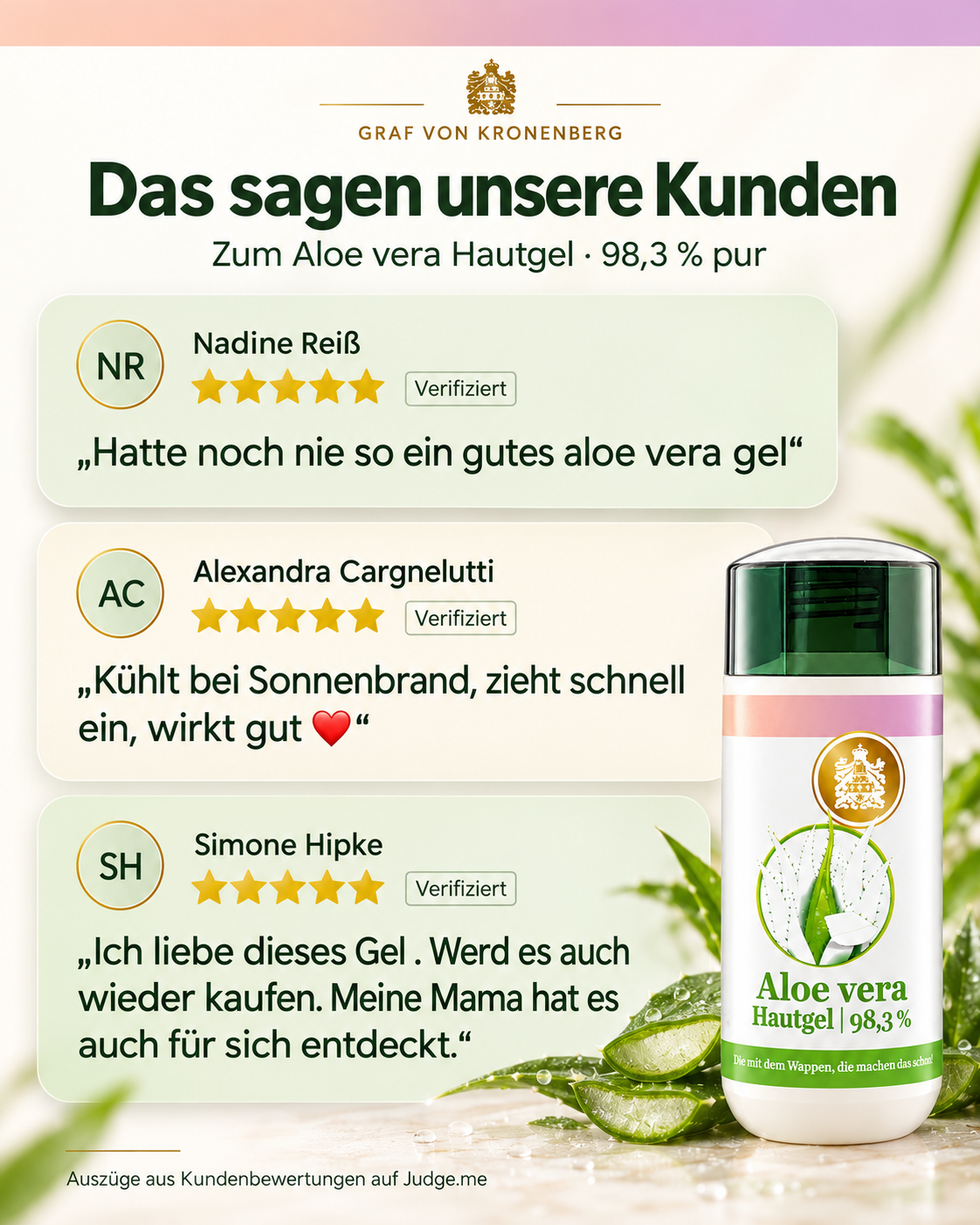 Drei verifizierte Fünf-Sterne-Kundenbewertungen zum Aloe-vera-Hautgel von Nadine Reiß, Alexandra Cargnelutti und Simone Hipke.