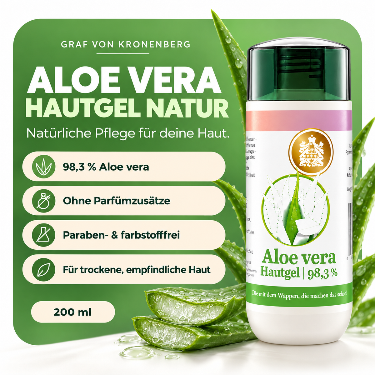 Aloe-vera-Hautgel Natur von Graf von Kronenberg, 200 ml, mit 98,3 % Aloe vera – ohne Parfümzusätze, parabenen- und farbstofffrei.