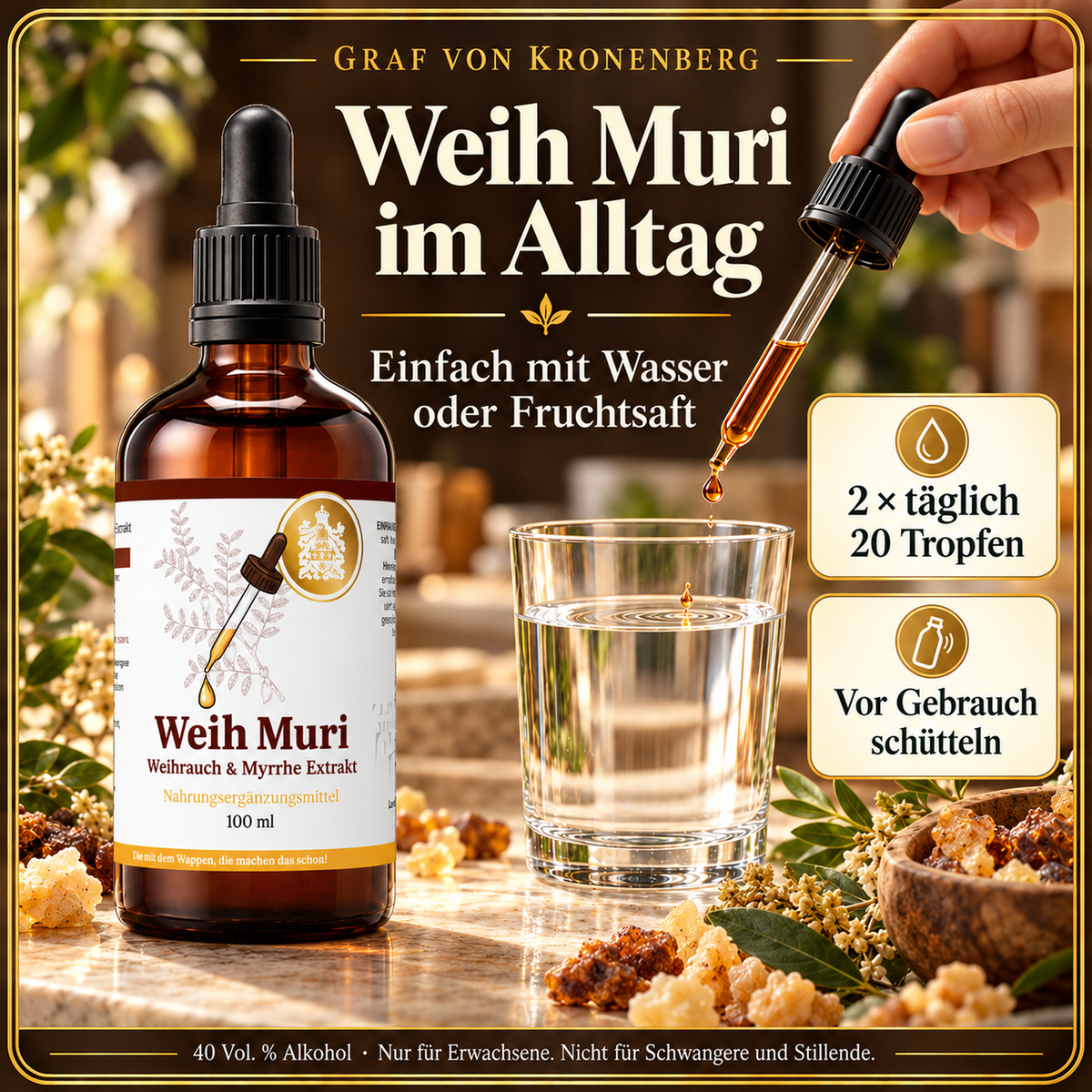 Weih Muri Weihrauch- und Myrrhe-Extrakt auf einer hellen Arbeitsfläche neben einem Wasserglas und einer Hand mit schwarzer Pipette; Hinweise zu Einnahme und Schütteln.