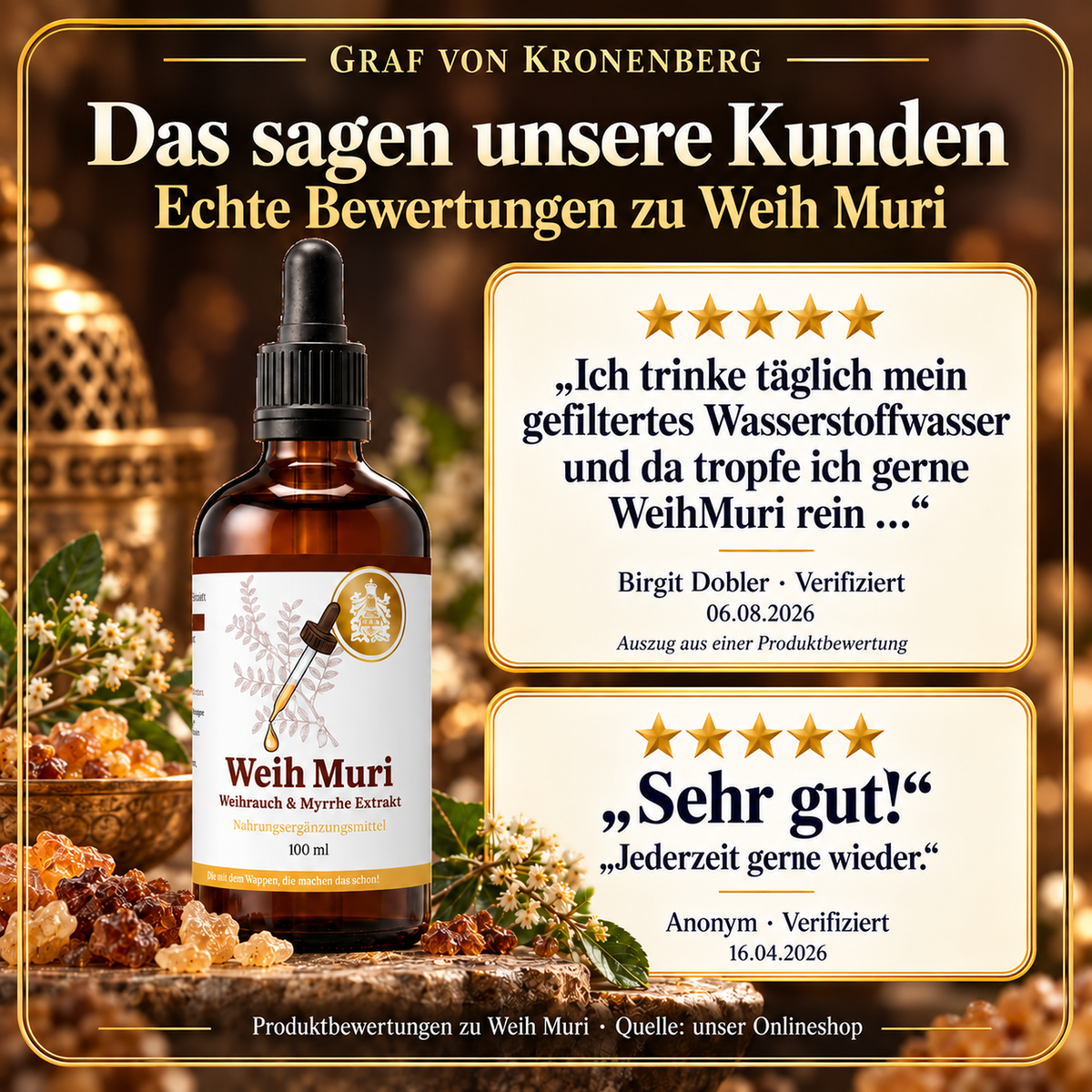 Weih Muri neben zwei verifizierten Produktbewertungen mit jeweils fünf Sternen: einem gekennzeichneten Auszug von Birgit Dobler und einer Rezension von einer anonymen Person.