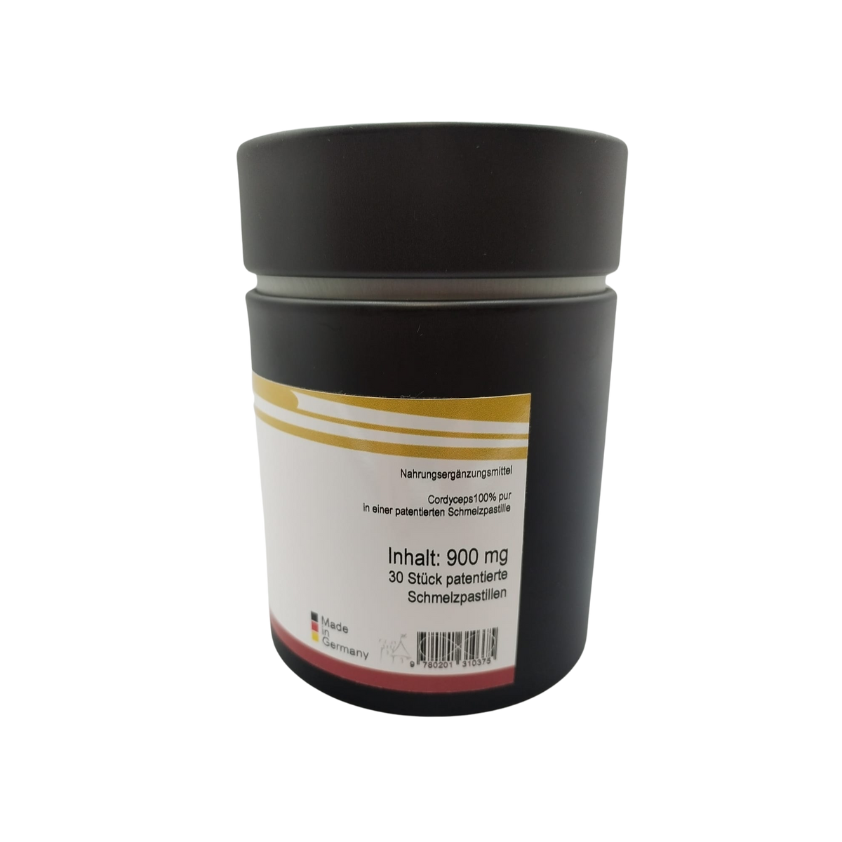 Cordyceps Dose, Rückansicht mit Feld „Inhalt“ und Barcode auf neutralem Hintergrund.