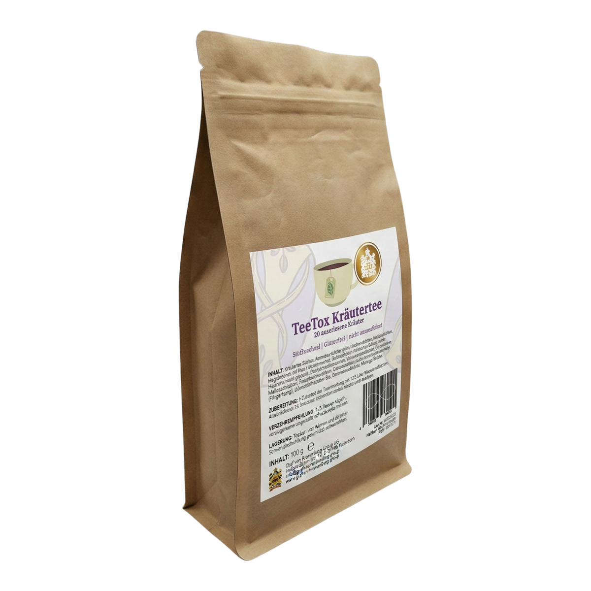 Packung TeeTox Kräutertee neben loser Kräutermischung in einer Schale