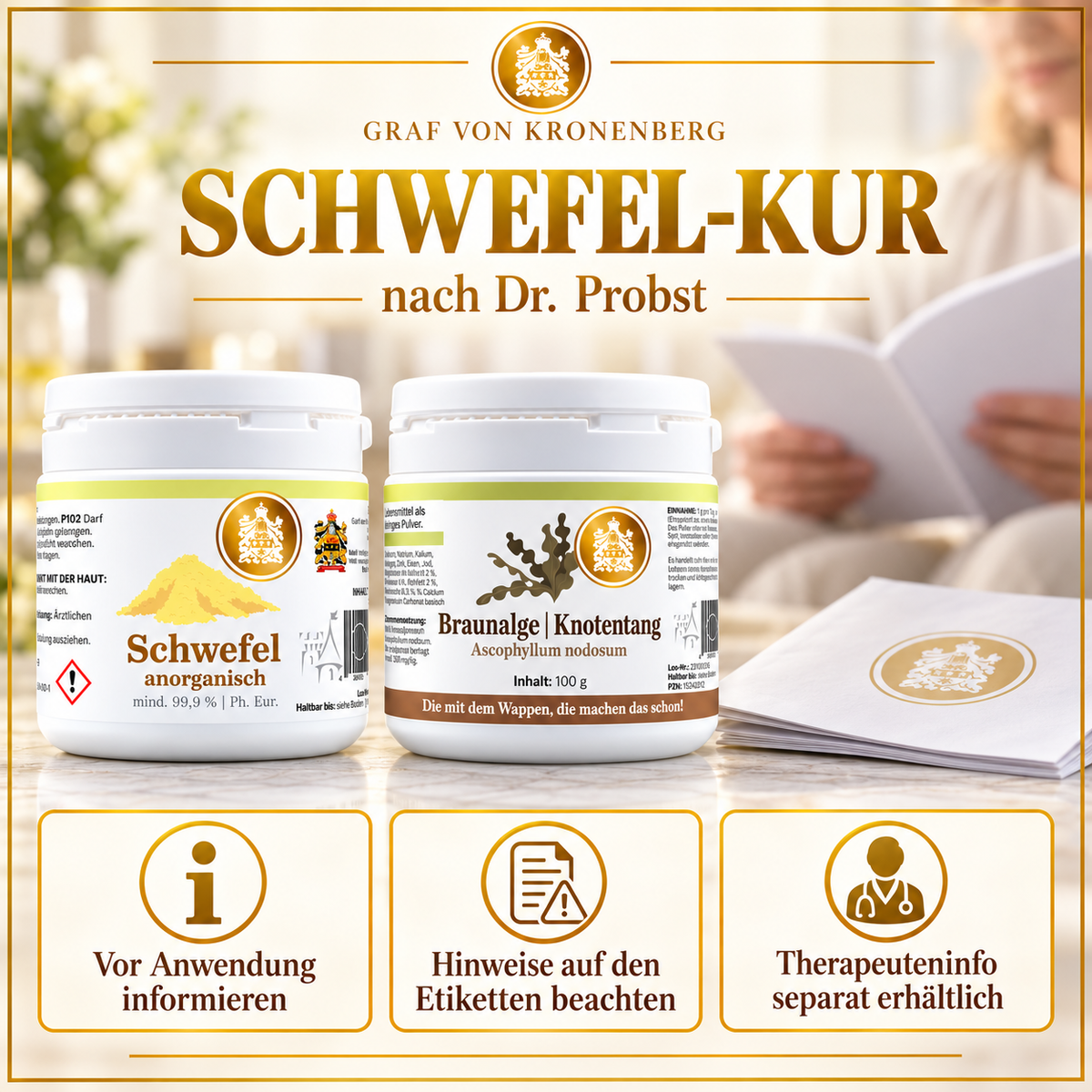 Schwefel-Kur nach Dr. Probst mit Schwefel- und Braunalgen-Dose, einer lesenden Person und Hinweisen zur Information vor der Anwendung sowie zur separat erhältlichen Therapeuteninfo.