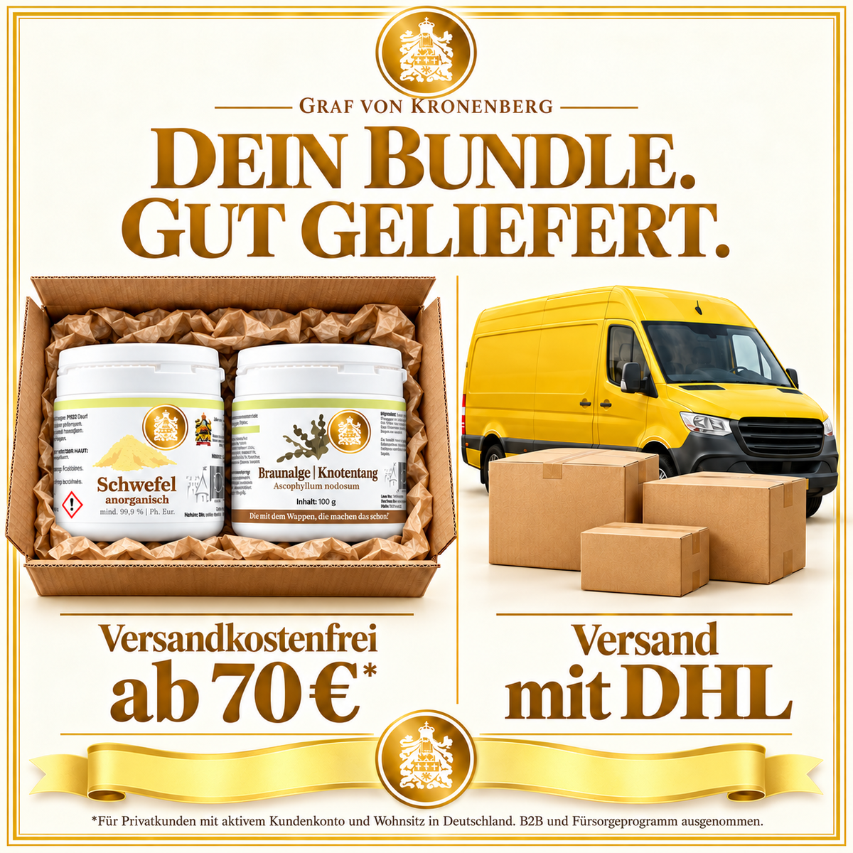 Schwefel-Kur nach Dr. Probst im gepolsterten Versandkarton neben einem gelben Lieferwagen und neutralen Paketen ohne Markenlogos, mit dem Text Versand mit DHL und den Bedingungen zur Versandkostenfreiheit ab 70 Euro.