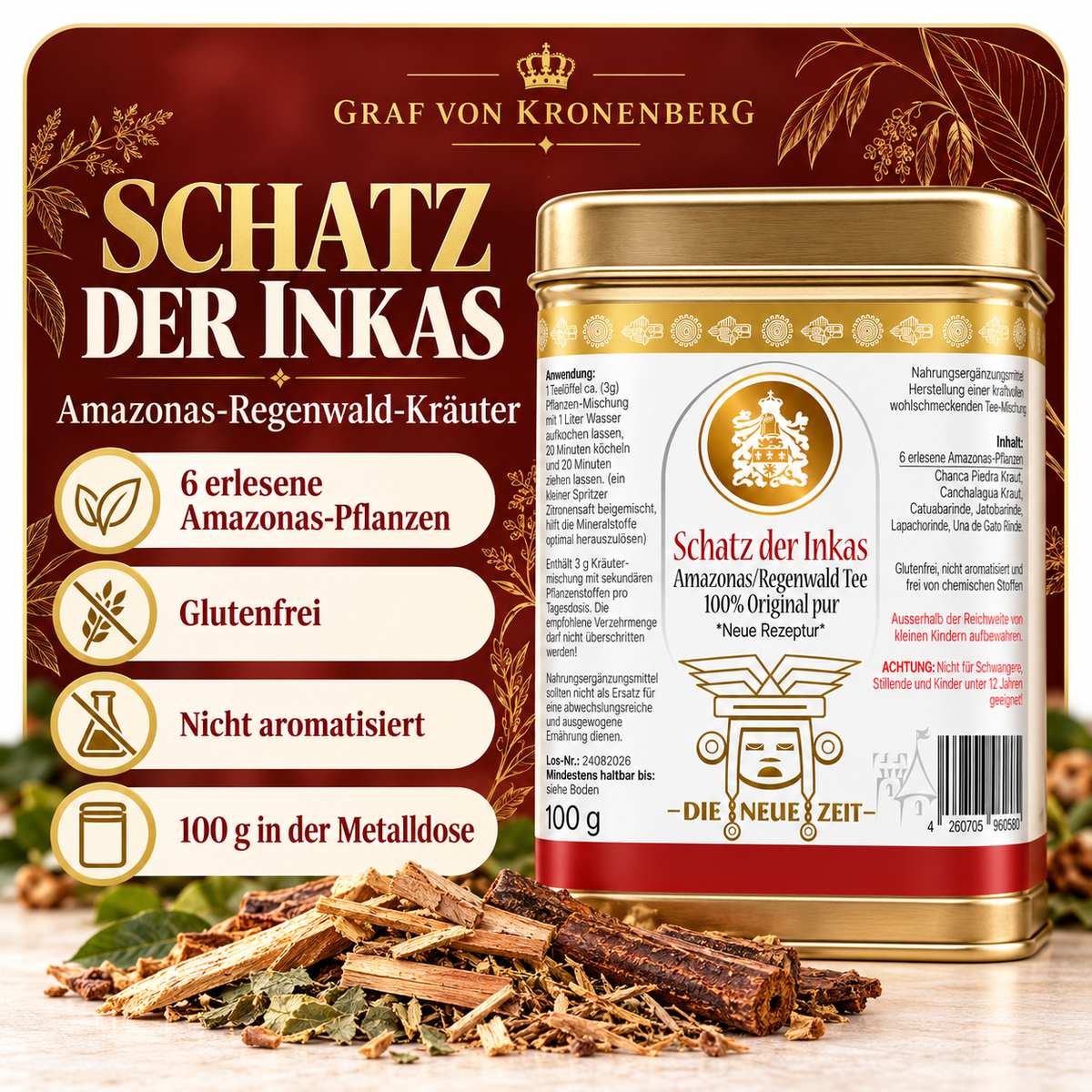 Schatz der Inkas von Graf von Kronenberg: 100 g Amazonas-Kräutermischung aus sechs Pflanzen in einer goldfarbenen Metalldose, glutenfrei und nicht aromatisiert.