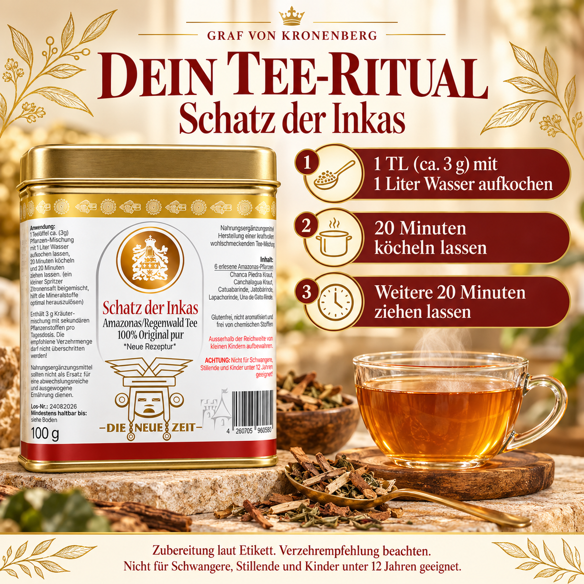 Schatz der Inkas neben einer Tasse Kräutertee: 1 TL mit 1 Liter Wasser aufkochen, 20 Minuten köcheln und weitere 20 Minuten ziehen lassen.
