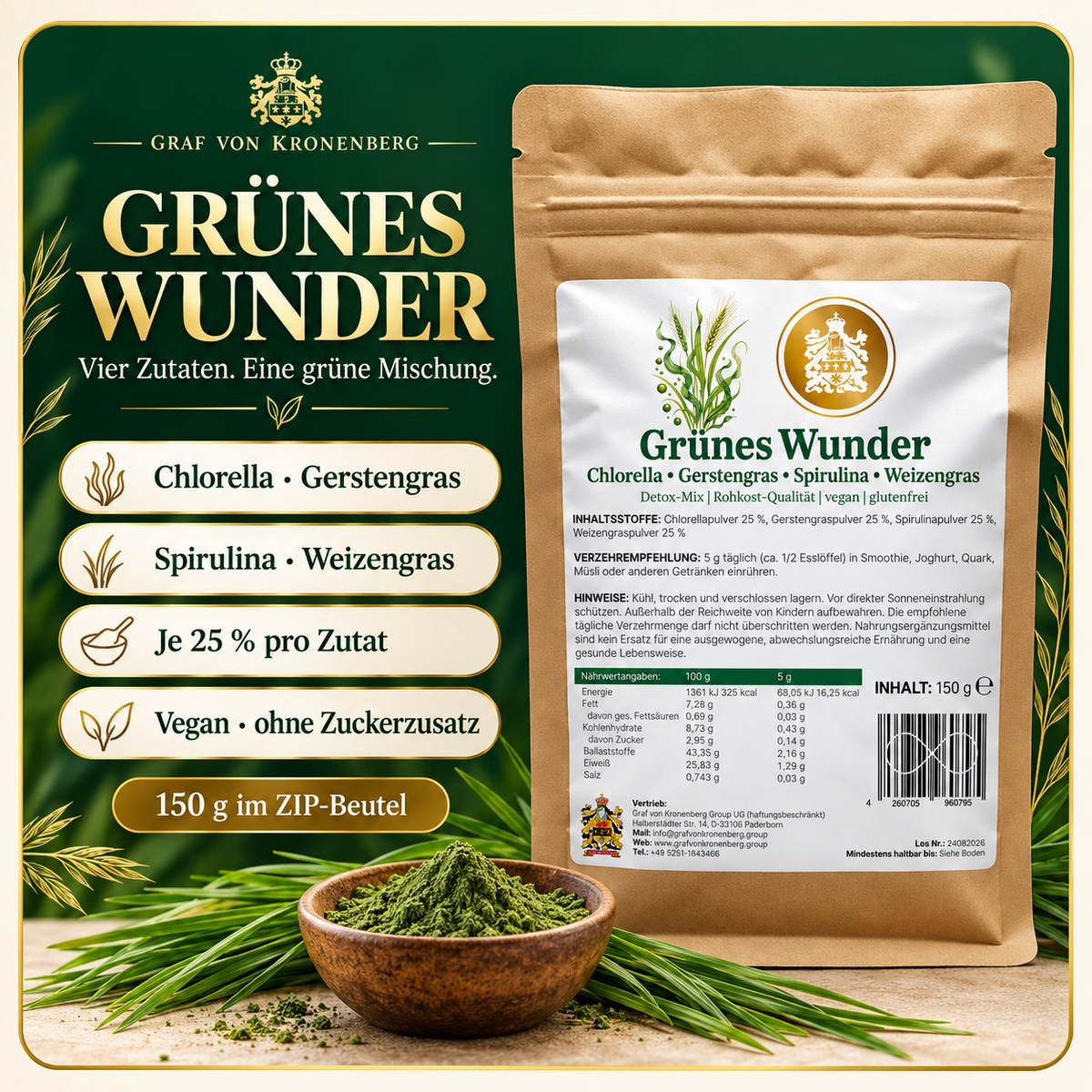 Grünes Wunder aus je 25 % Chlorella, Gerstengras, Spirulina und Weizengras – vegan und ohne Zuckerzusatz, im 150-g-Beutel.