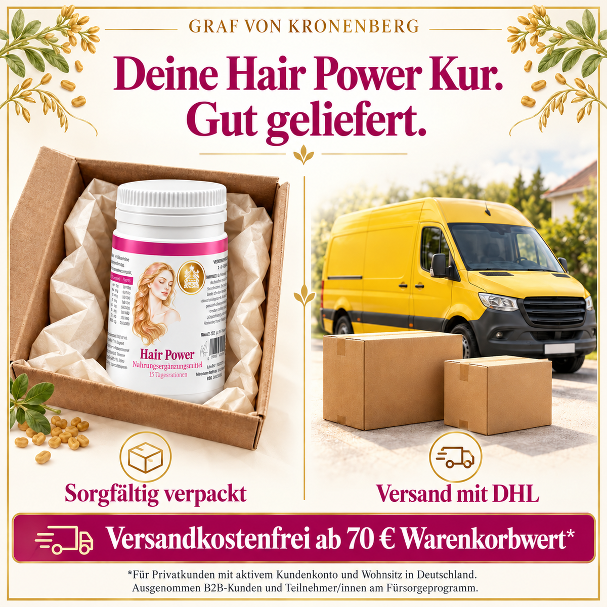 Hair Power Kur im gepolsterten Versandkarton neben einem gelben Lieferwagen und unbedruckten Paketen ohne Logos, mit dem Hinweis Versand mit DHL und den Bedingungen für kostenlosen Versand ab 70 Euro.
