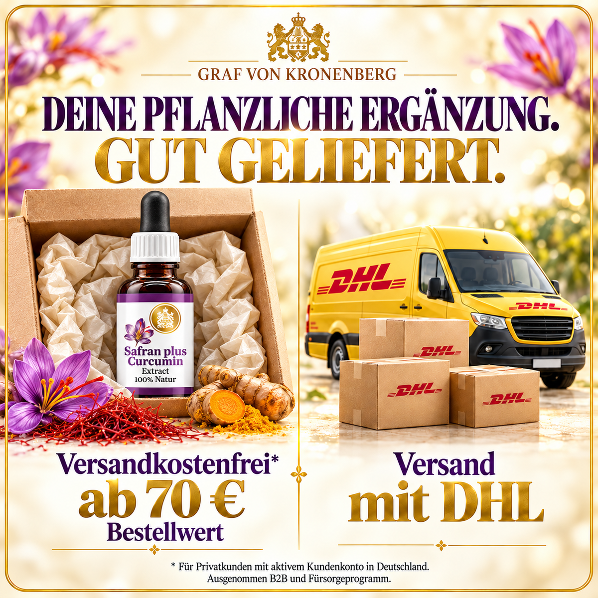 Safran-Extrakt mit Curcumin im gepolsterten Versandkarton neben DHL-Fahrzeug und Paketen. Versandkostenfrei ab 70 Euro Bestellwert für Privatkunden mit aktivem Kundenkonto in Deutschland; ausgenommen B2B und Fürsorgeprogramm.