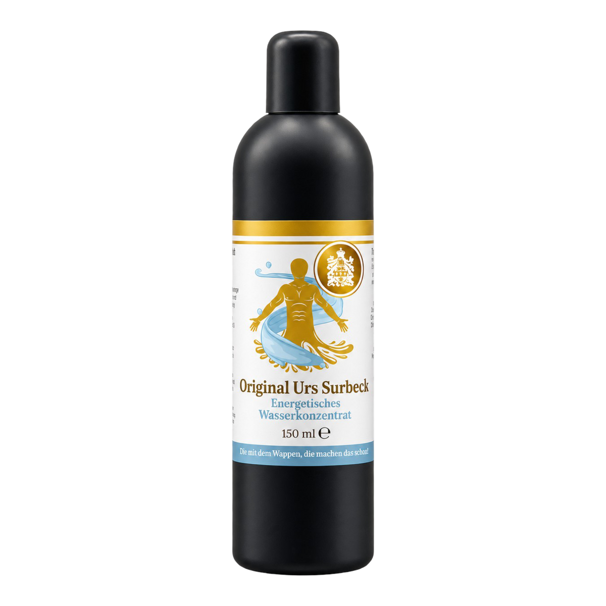 Original Urs Surbeck Energetisches Wasserkonzentrat, 150 ml, in schlanker schwarzer Flasche mit gold-blauem Etikett.