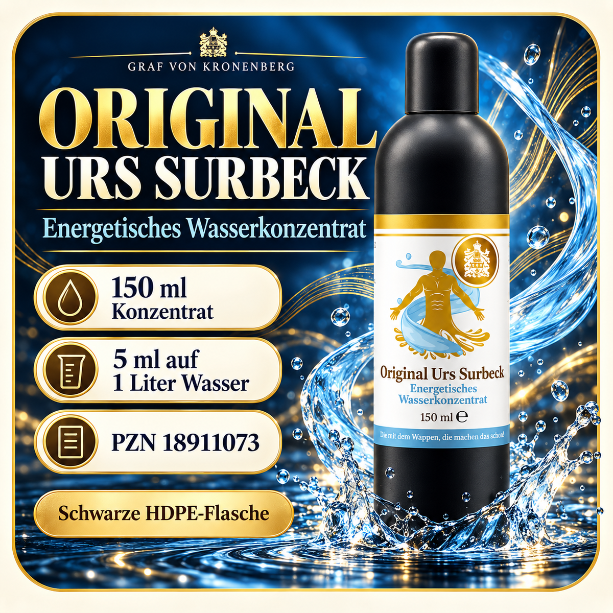 Urs Surbeck Wasserkonzentrat vor Wasserwellen mit Goldrahmen. 150 ml, PZN 18911073. Dosierung: 5 ml auf 1 Liter Wasser.