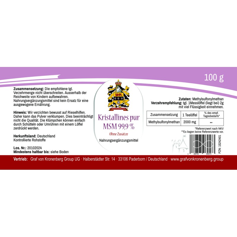 MSM Methylsulfonylmethan Pulver Reinheitsgrad 99,9 % - Label