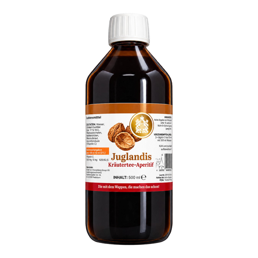 Juglandis Kräutertee-Aperitif von Graf von Kronenberg, 500 ml, mit dunkler Flüssigkeit, Walnussschalen-Etikett und weißem Schraubverschluss.
