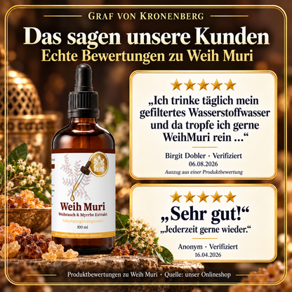 Weih Muri neben zwei verifizierten Produktbewertungen mit jeweils fünf Sternen: einem gekennzeichneten Auszug von Birgit Dobler und einer Rezension von einer anonymen Person.