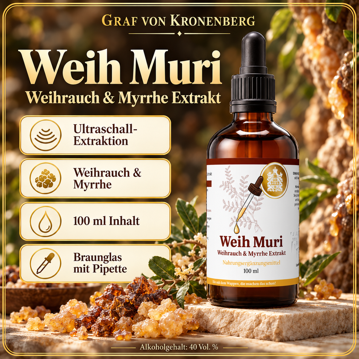 Weih Muri auf einem flachen Steinpodest mit Weihrauch- und Myrrheharzen sowie Infokarten zu Ultraschall-Extraktion, Zutaten, 100 ml Inhalt und Braunglas mit Pipette.