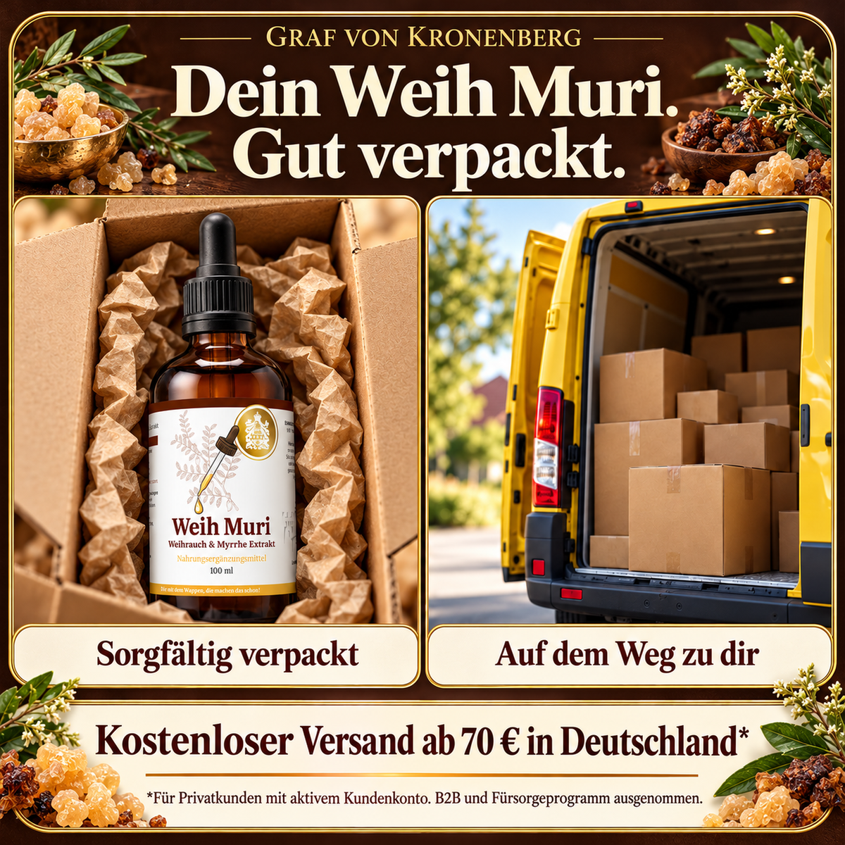 Weih Muri in einem mit Packpapier gepolsterten Karton neben einem gelben Lieferwagen mit Paketen; Hinweis auf kostenlosen Versand ab 70 Euro in Deutschland mit Bedingungen.