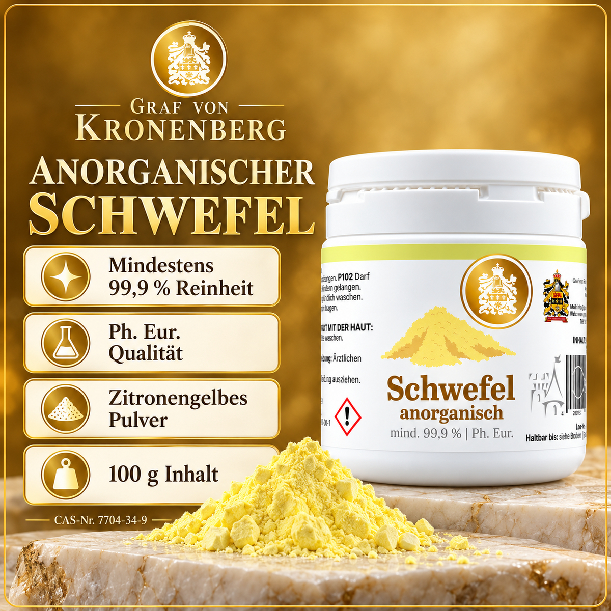 Anorganischer Schwefel in der 100-g-Dose neben zitronengelbem Pulver; mindestens 99,9 % Reinheit und Ph.-Eur.-Qualität.