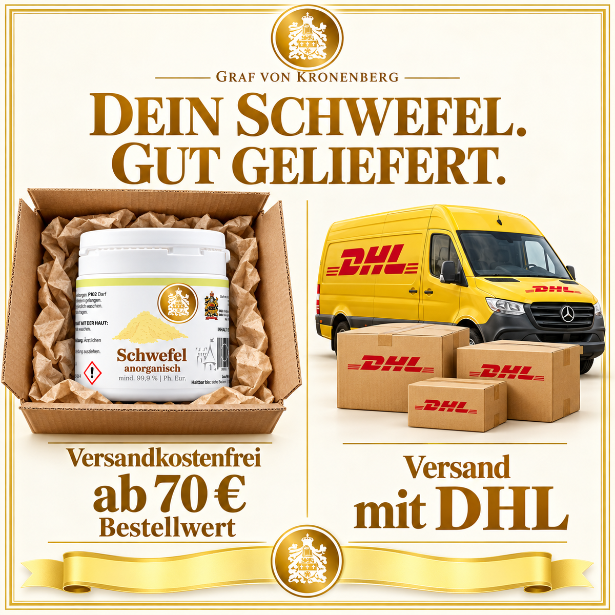 Anorganischer Schwefel im gepolsterten Versandkarton neben DHL-Fahrzeug und Paketen; versandkostenfrei ab 70 Euro Bestellwert.