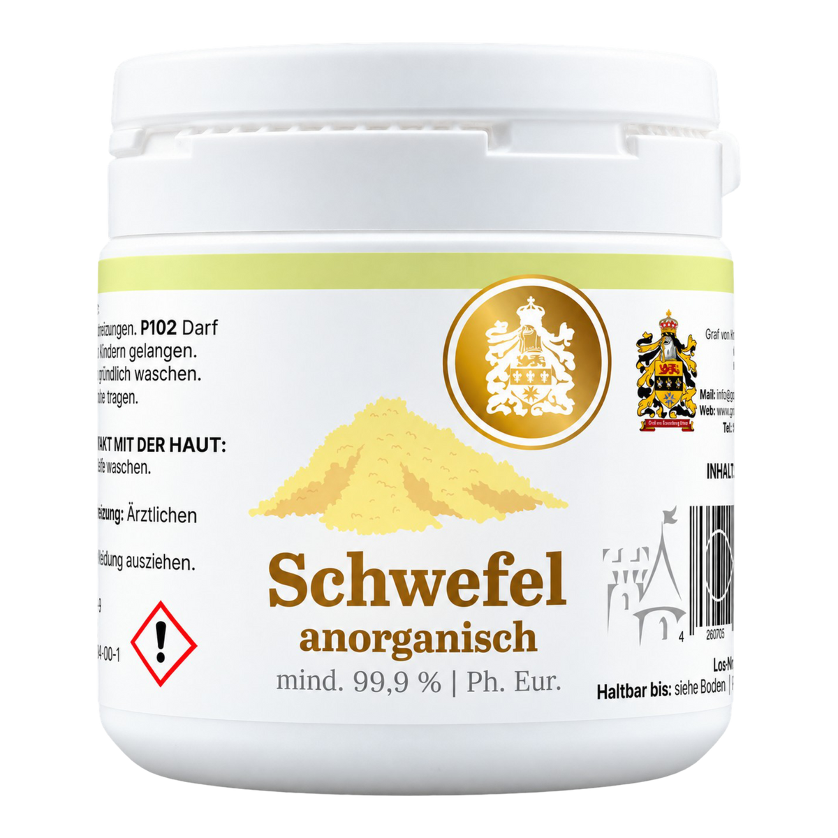 Anorganischer Schwefel von Graf von Kronenberg, 100-g-Dose mit neuem Label, mindestens 99,9 % Reinheit und Ph.-Eur.-Qualität, freigestellt.