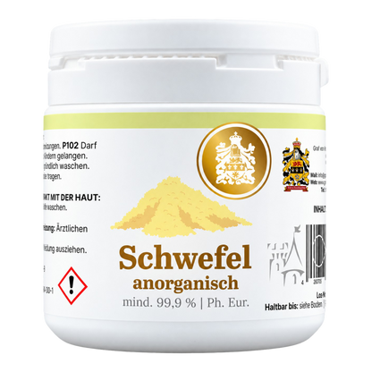Anorganischer Schwefel von Graf von Kronenberg, 100-g-Dose mit neuem Label, mindestens 99,9 % Reinheit und Ph.-Eur.-Qualität, freigestellt.
