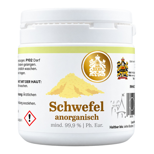 Anorganischer Schwefel von Graf von Kronenberg, 100-g-Dose mit neuem Label, mindestens 99,9 % Reinheit und Ph.-Eur.-Qualität, freigestellt.