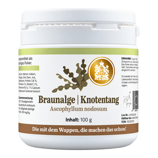 Dose mit Braunalge, Fokus auf Produktverpackung mit dem Schriftzug Braunalge