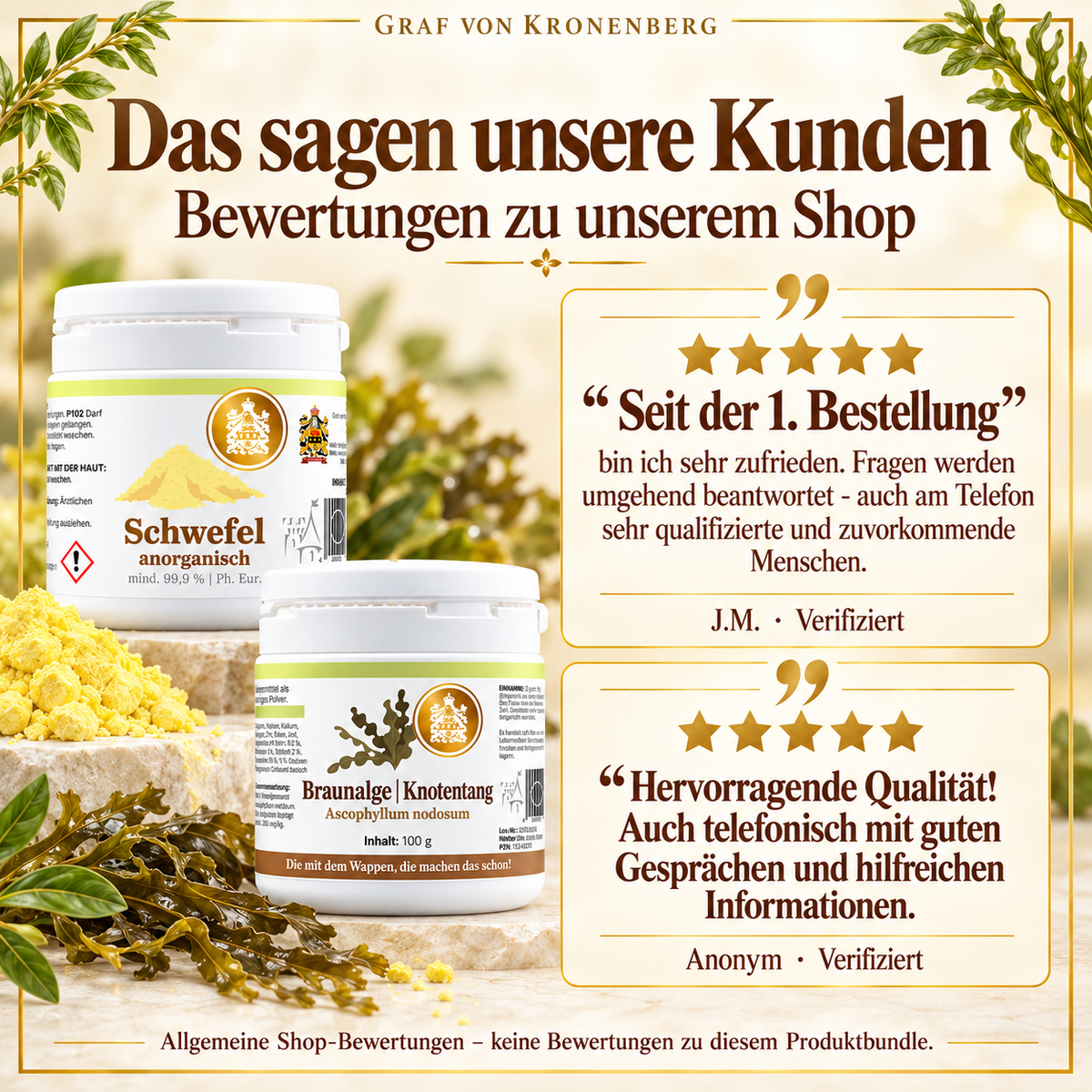 Schwefel-Kur nach Dr. Probst neben zwei verifizierten Fünf-Sterne-Shop-Bewertungen von J.M. und Anonym zu telefonischer Beratung und hilfreichen Informationen
