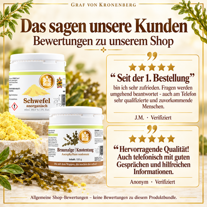 Schwefel-Kur nach Dr. Probst neben zwei verifizierten Fünf-Sterne-Shop-Bewertungen von J.M. und Anonym zu telefonischer Beratung und hilfreichen Informationen