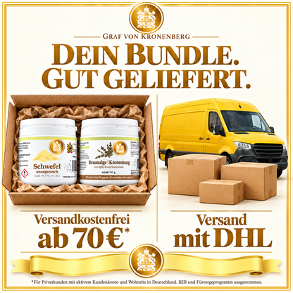 Schwefel-Kur nach Dr. Probst im gepolsterten Versandkarton neben einem gelben Lieferwagen und neutralen Paketen ohne Markenlogos, mit dem Text Versand mit DHL und den Bedingungen zur Versandkostenfreiheit ab 70 Euro.