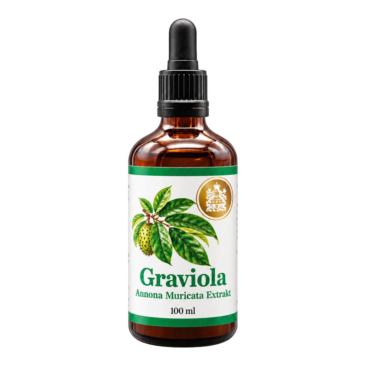 Freigestellte braune 100-ml-Pipettenflasche Graviola Annona Muricata Extrakt von Graf von Kronenberg mit weiß-grünem Etikett und goldenem Wappen auf transparentem Hintergrund.