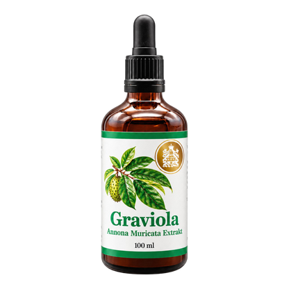 Freigestellte braune 100-ml-Pipettenflasche Graviola Annona Muricata Extrakt von Graf von Kronenberg mit weiß-grünem Etikett und goldenem Wappen auf transparentem Hintergrund.