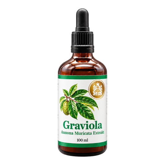 Freigestellte braune 100-ml-Pipettenflasche Graviola Annona Muricata Extrakt von Graf von Kronenberg mit weiß-grünem Etikett und goldenem Wappen auf transparentem Hintergrund.