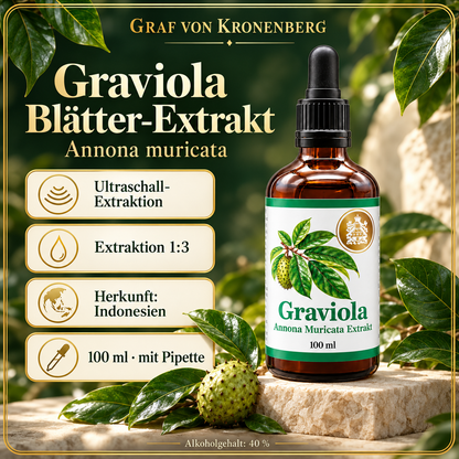 Graviola Blätter-Extrakt in einer 100-ml-Pipettenflasche mit Graviola-Frucht und Blättern; Angaben zu Ultraschall-Extraktion, Extraktionsverhältnis 1:3, Herkunft Indonesien und 40 Prozent Alkohol.