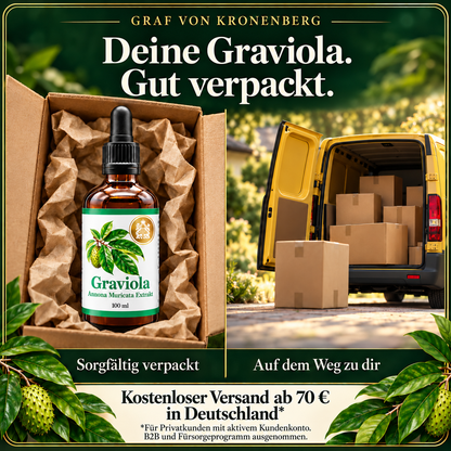 Graviola Extrakt im gepolsterten Versandkarton neben einem gelben Lieferwagen und Paketen; Hinweis auf kostenlosen Versand ab 70 Euro in Deutschland für Privatkunden mit aktivem Kundenkonto, ausgenommen B2B und Fürsorgeprogramm.