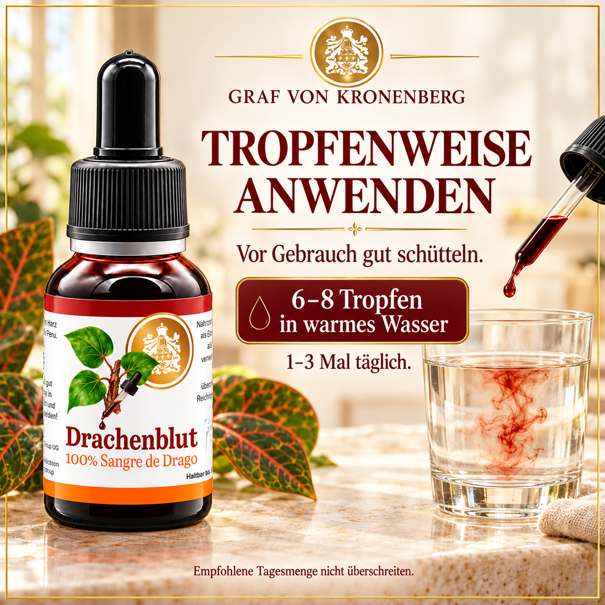 Drachenblut-Pipettenflasche neben einem Wasserglas: 6–8 Tropfen Sangre de Drago in warmes Wasser geben, vor Gebrauch gut schütteln.
