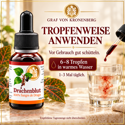Drachenblut-Pipettenflasche neben einem Wasserglas: 6–8 Tropfen Sangre de Drago in warmes Wasser geben, vor Gebrauch gut schütteln.