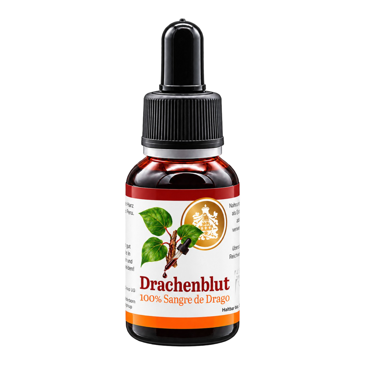 Drachenblut – 100 % Sangre de Drago von Graf von Kronenberg, 20-ml-Flasche mit schwarzer Pipette und neuem Label, freigestellt.