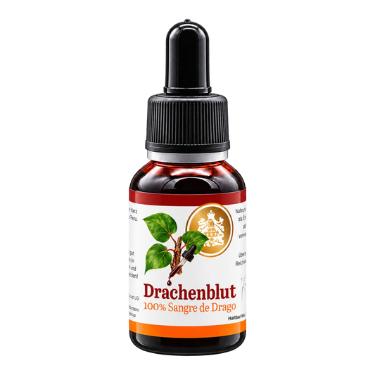 Drachenblut – 100 % Sangre de Drago von Graf von Kronenberg, 20-ml-Flasche mit schwarzer Pipette und neuem Label, freigestellt.