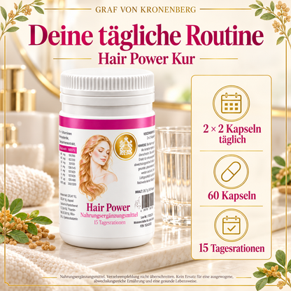 Hair Power Kur von Graf von Kronenberg neben einem Wasserglas mit Angaben zur Einnahme von zweimal zwei Kapseln täglich, 60 Kapseln und 15 Tagesrationen.