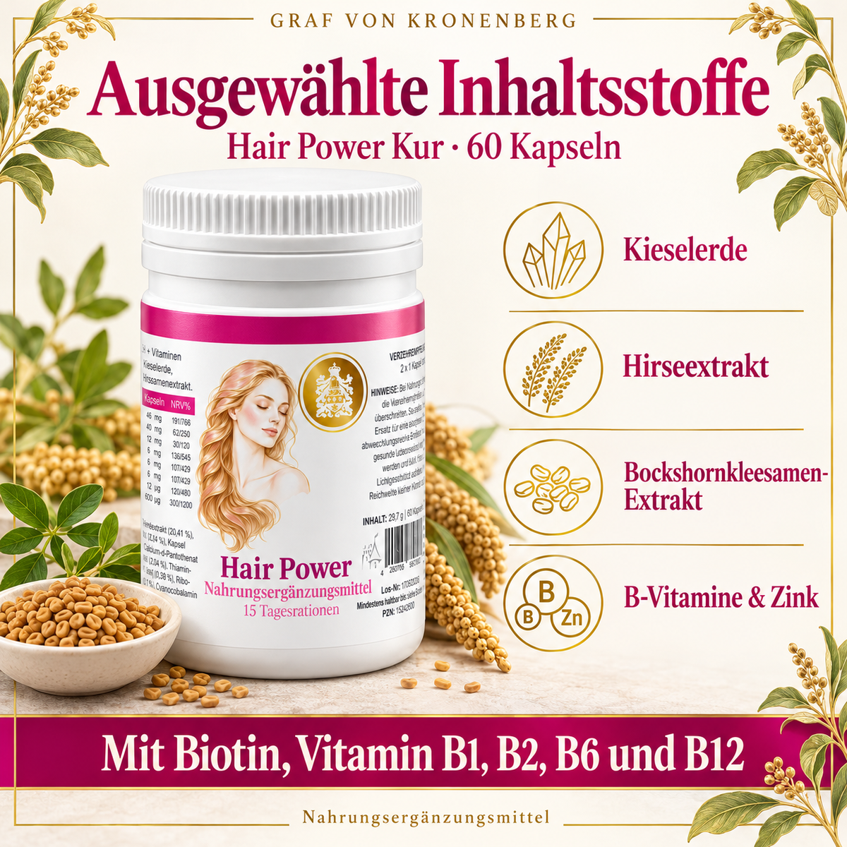 Hair Power Kur von Graf von Kronenberg neben einem Wasserglas mit Angaben zur Einnahme von zweimal zwei Kapseln täglich, 60 Kapseln und 15 Tagesrationen.