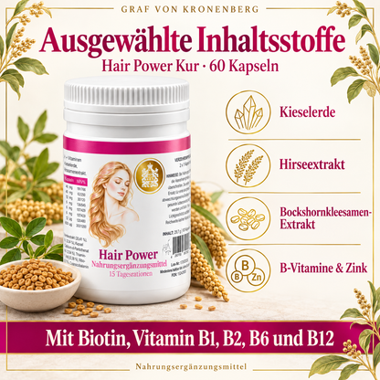 Hair Power Kur von Graf von Kronenberg neben einem Wasserglas mit Angaben zur Einnahme von zweimal zwei Kapseln täglich, 60 Kapseln und 15 Tagesrationen.