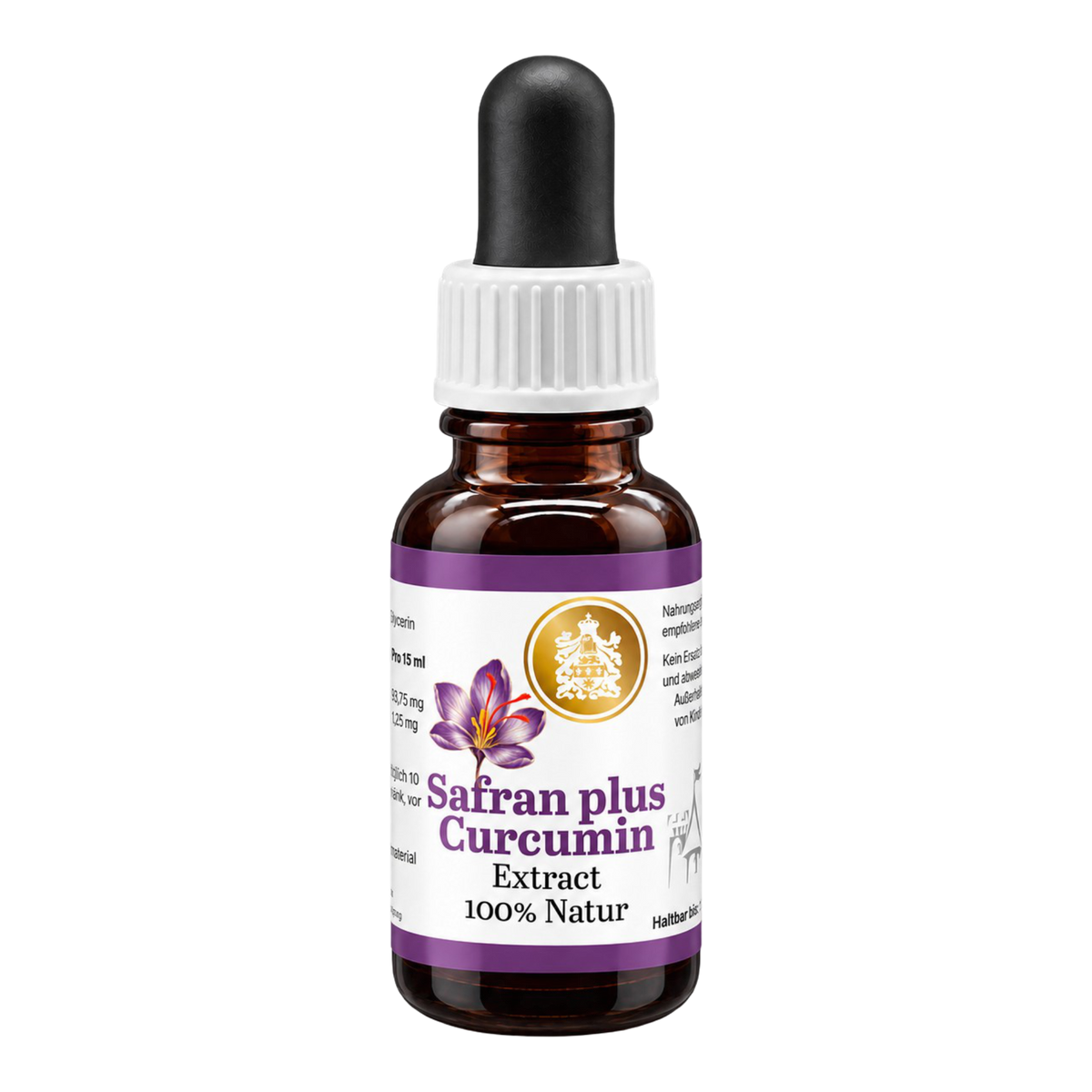 Safran-Extrakt mit Curcumin von Graf von Kronenberg, 15 ml, in einer Braunglasflasche mit dunkler Flüssigkeit, schwarzem Pipettenbalg und weißem Schraubverschluss. Violettes Etikett mit Safranblüte und goldenem Wappen.