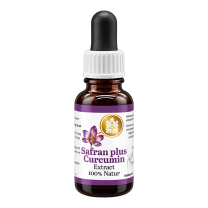 Safran-Extrakt mit Curcumin von Graf von Kronenberg, 15 ml, in einer Braunglasflasche mit dunkler Flüssigkeit, schwarzem Pipettenbalg und weißem Schraubverschluss. Violettes Etikett mit Safranblüte und goldenem Wappen.