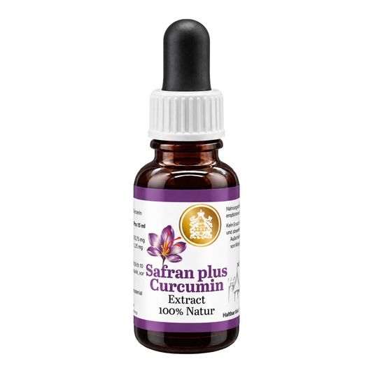 Safran-Extrakt mit Curcumin von Graf von Kronenberg, 15 ml, in einer Braunglasflasche mit dunkler Flüssigkeit, schwarzem Pipettenbalg und weißem Schraubverschluss. Violettes Etikett mit Safranblüte und goldenem Wappen.