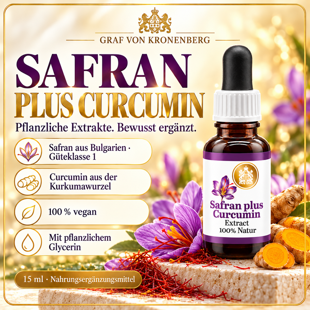 Safran-Extrakt mit Curcumin von Graf von Kronenberg, 15 ml, neben Safranblüten und Kurkumawurzeln. Produktvorteile: Safran aus Bulgarien, Güteklasse 1, Curcumin aus Kurkumawurzel, vegan und mit pflanzlichem Glycerin.