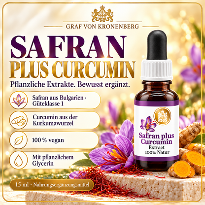 Safran-Extrakt mit Curcumin von Graf von Kronenberg, 15 ml, neben Safranblüten und Kurkumawurzeln. Produktvorteile: Safran aus Bulgarien, Güteklasse 1, Curcumin aus Kurkumawurzel, vegan und mit pflanzlichem Glycerin.
