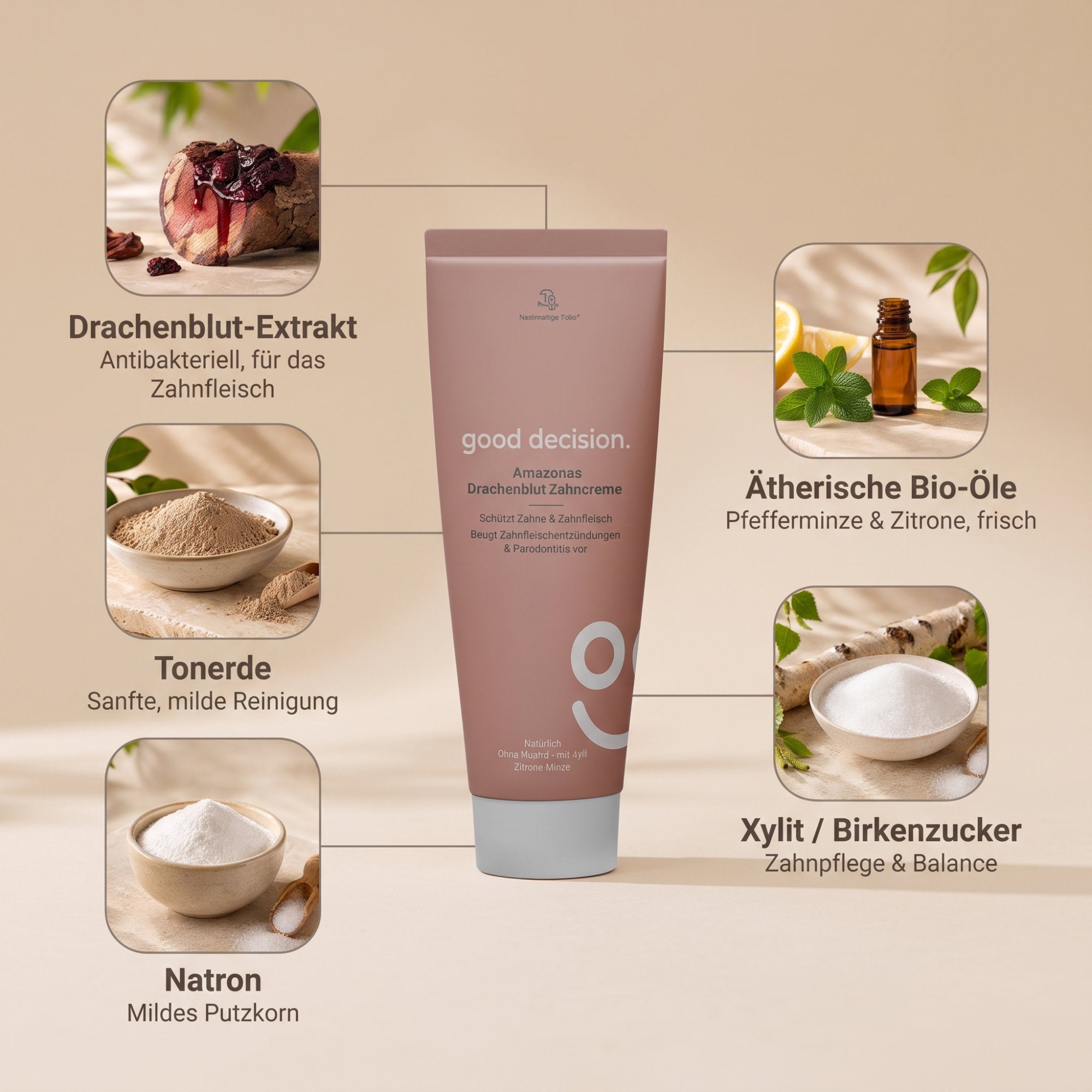 Inhaltsstoffe der good decision Amazonas Drachenblut Zahncreme: Drachenblut-Extrakt, Tonerde, Natron, ätherische Bio-Öle und Xylit